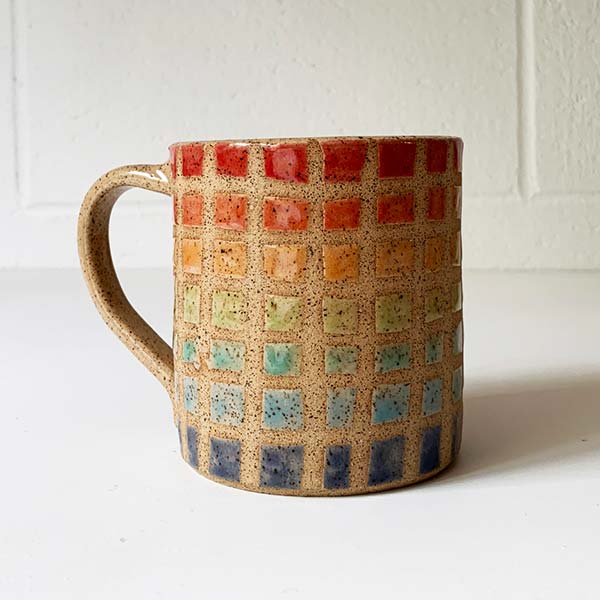Grid Series pottery cup in sand and colorful squares