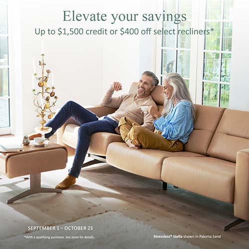Up to $1500 credit or $400 off select stressless recliners.